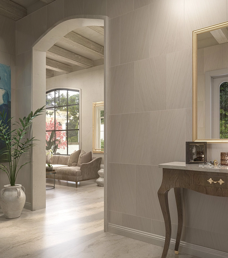 Moca Cream Limestone slab with warm beige tones and parallel veining