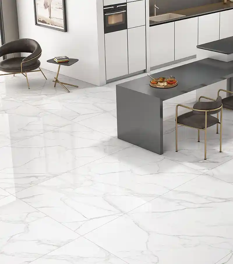 Statuario marble slab with bold grey veining on white surface