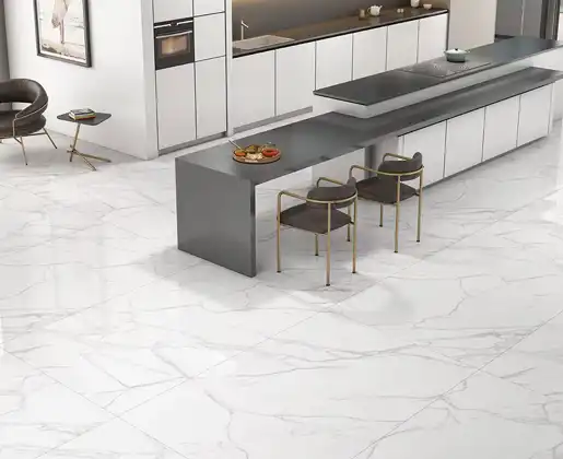 Statuario marble slab with bold grey veining on white surface