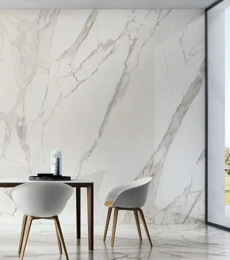 Close up of natural Statuario marble vein patterns and surface texture
